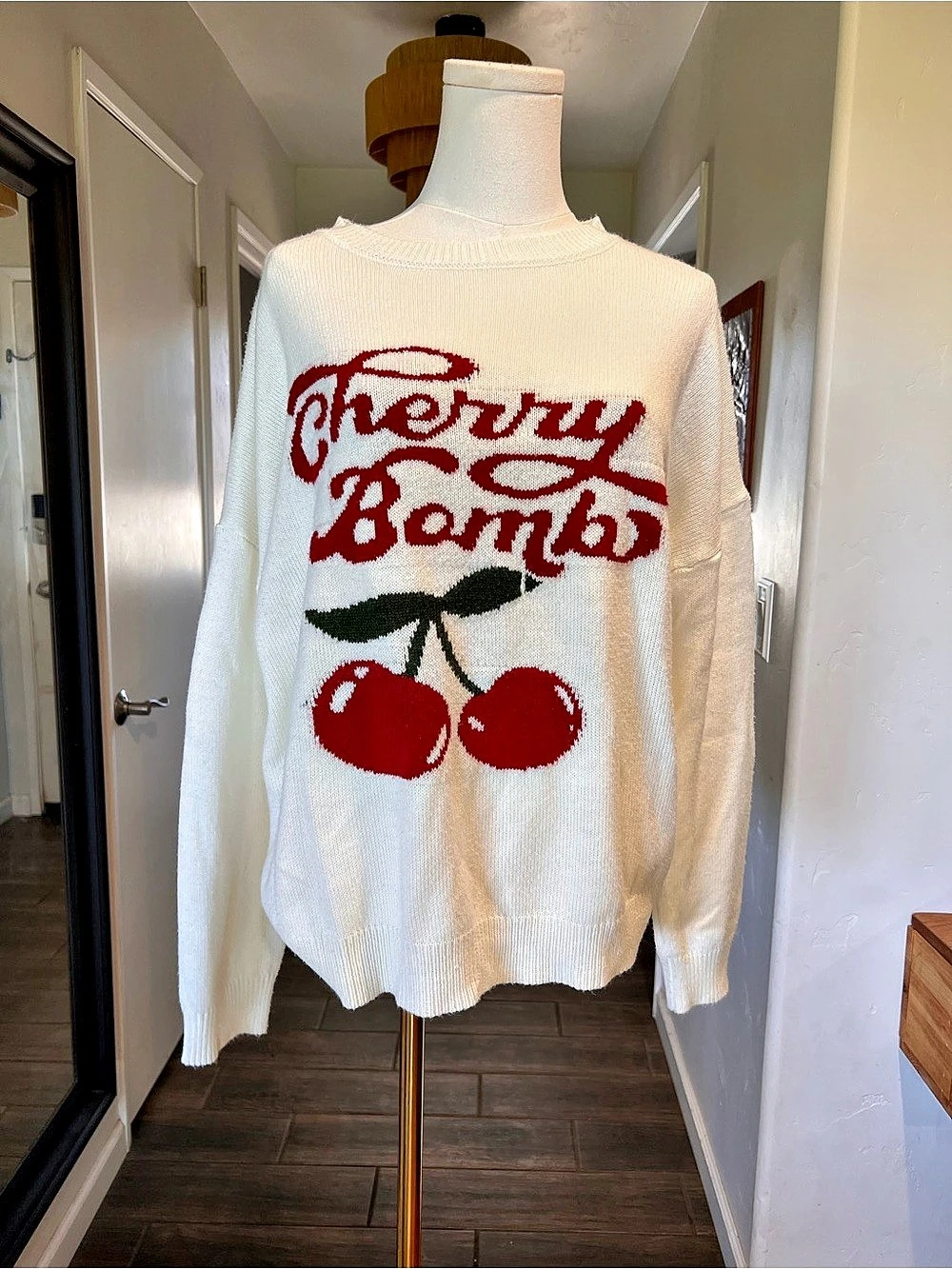 ROMWE Cherry Bomb Graphic Knit Sweater White & Red Small